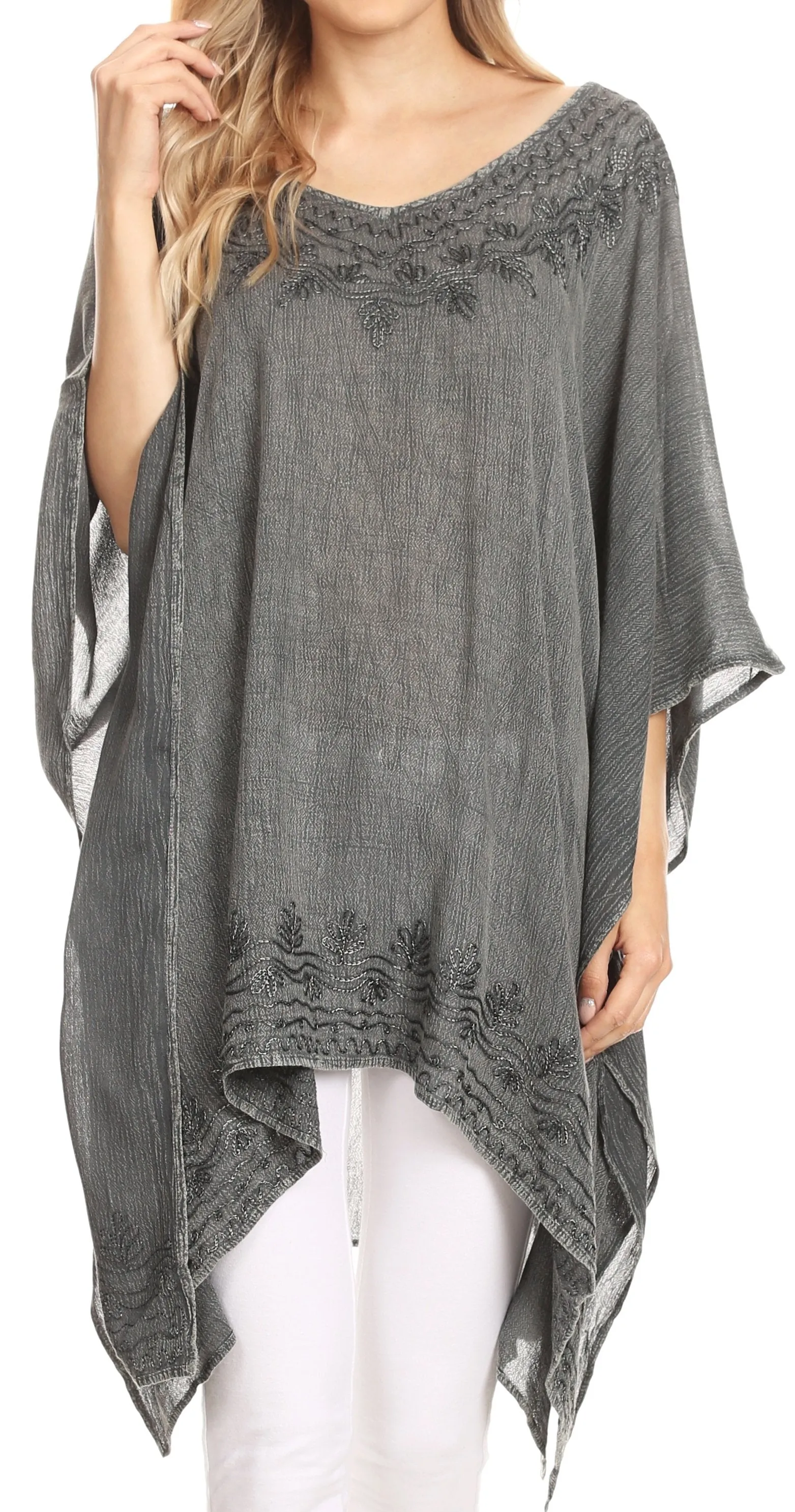 Sakkas Regina Women's Lightweight Stonewashed Poncho Top Blouse Caftan Cover up