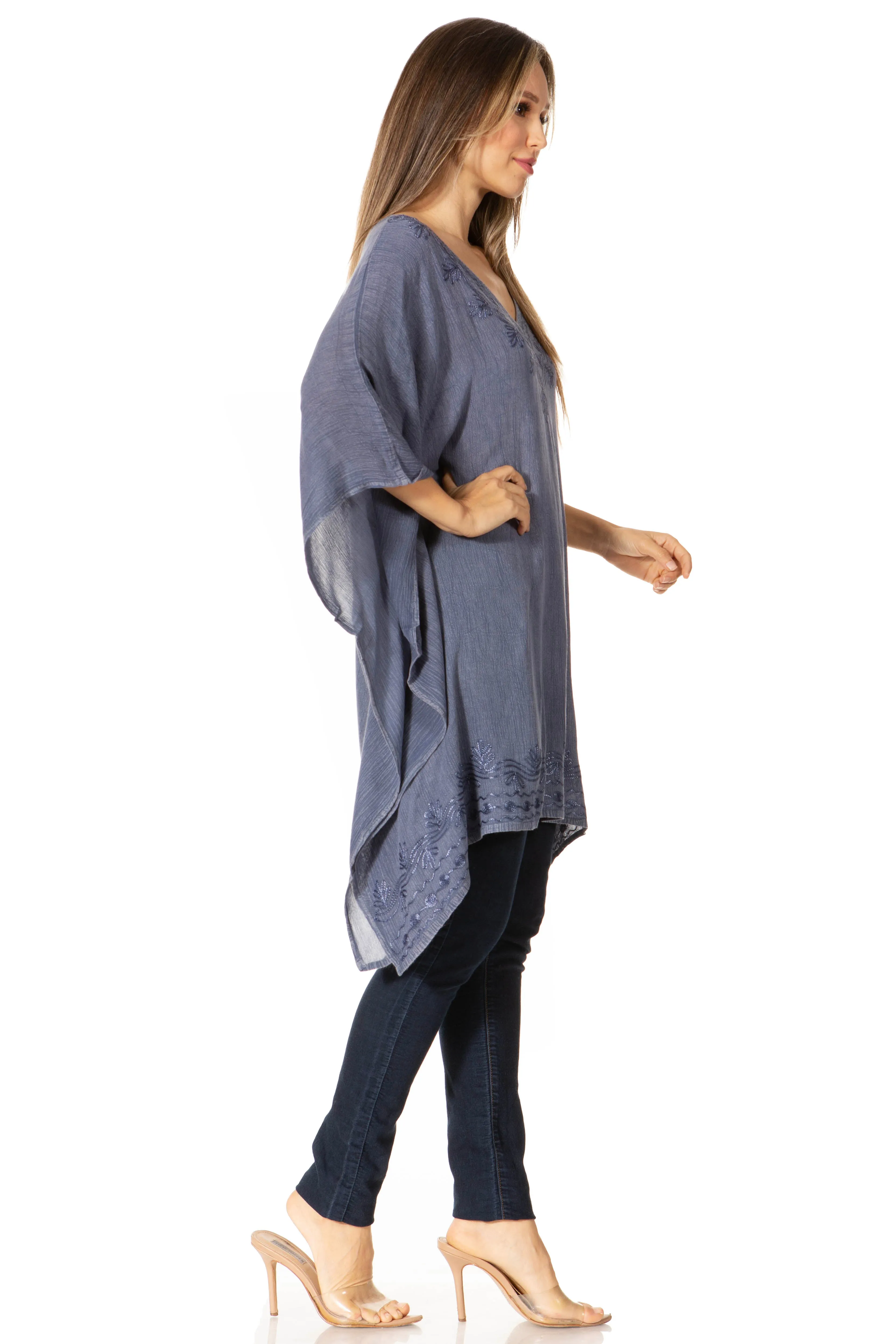 Sakkas Regina Women's Lightweight Stonewashed Poncho Top Blouse Caftan Cover up