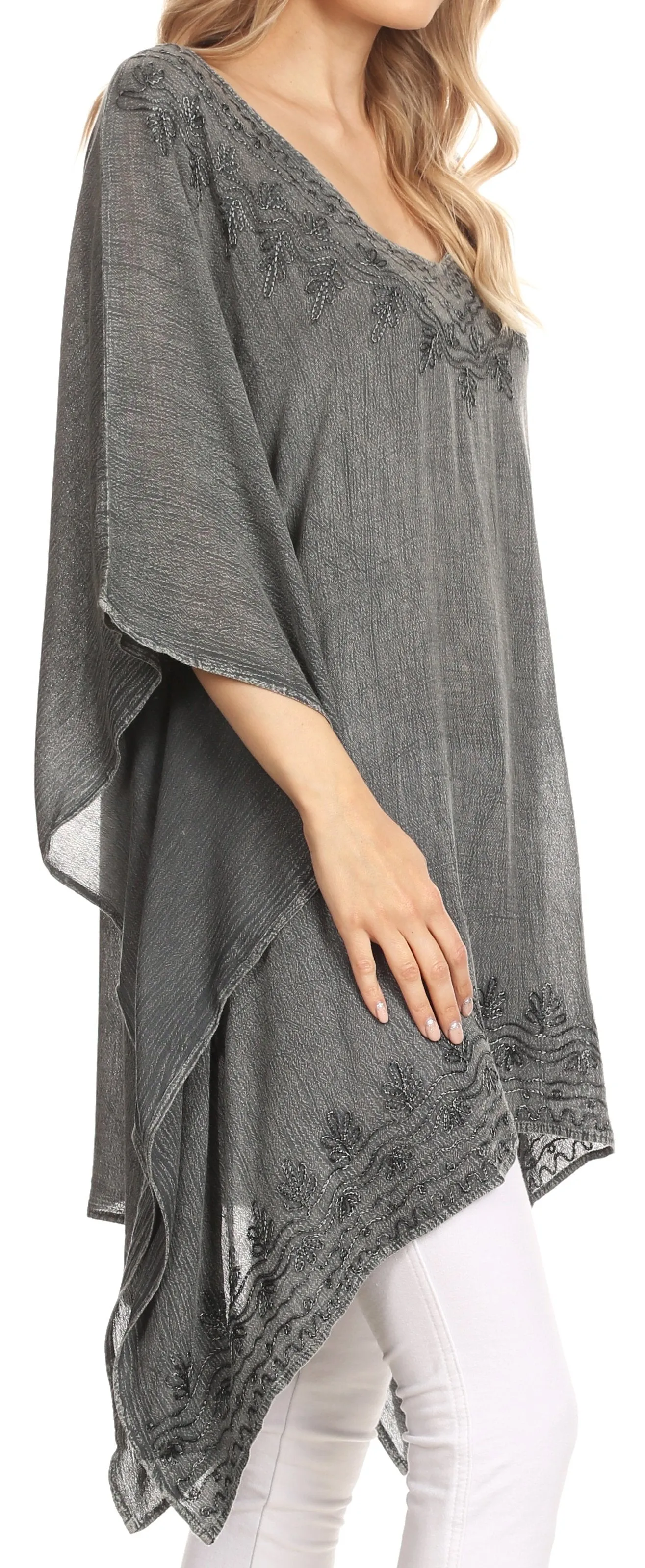 Sakkas Regina Women's Lightweight Stonewashed Poncho Top Blouse Caftan Cover up