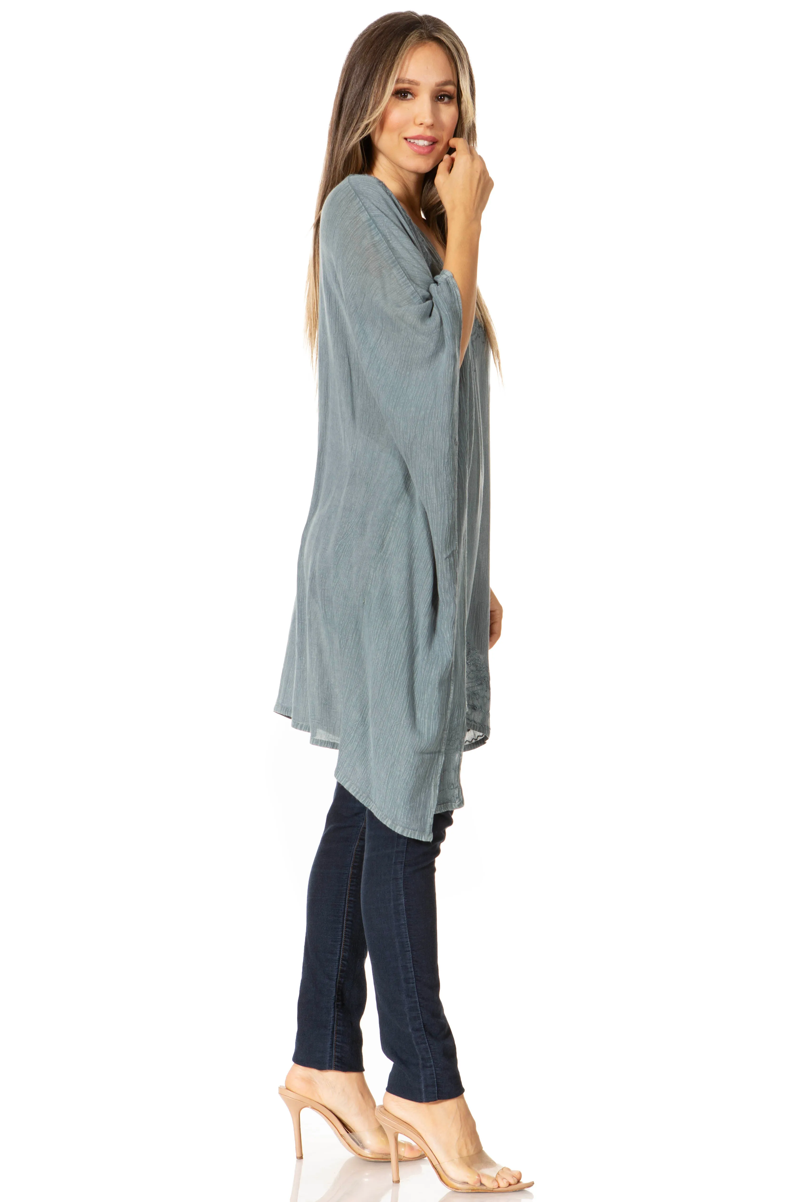 Sakkas Regina Women's Lightweight Stonewashed Poncho Top Blouse Caftan Cover up