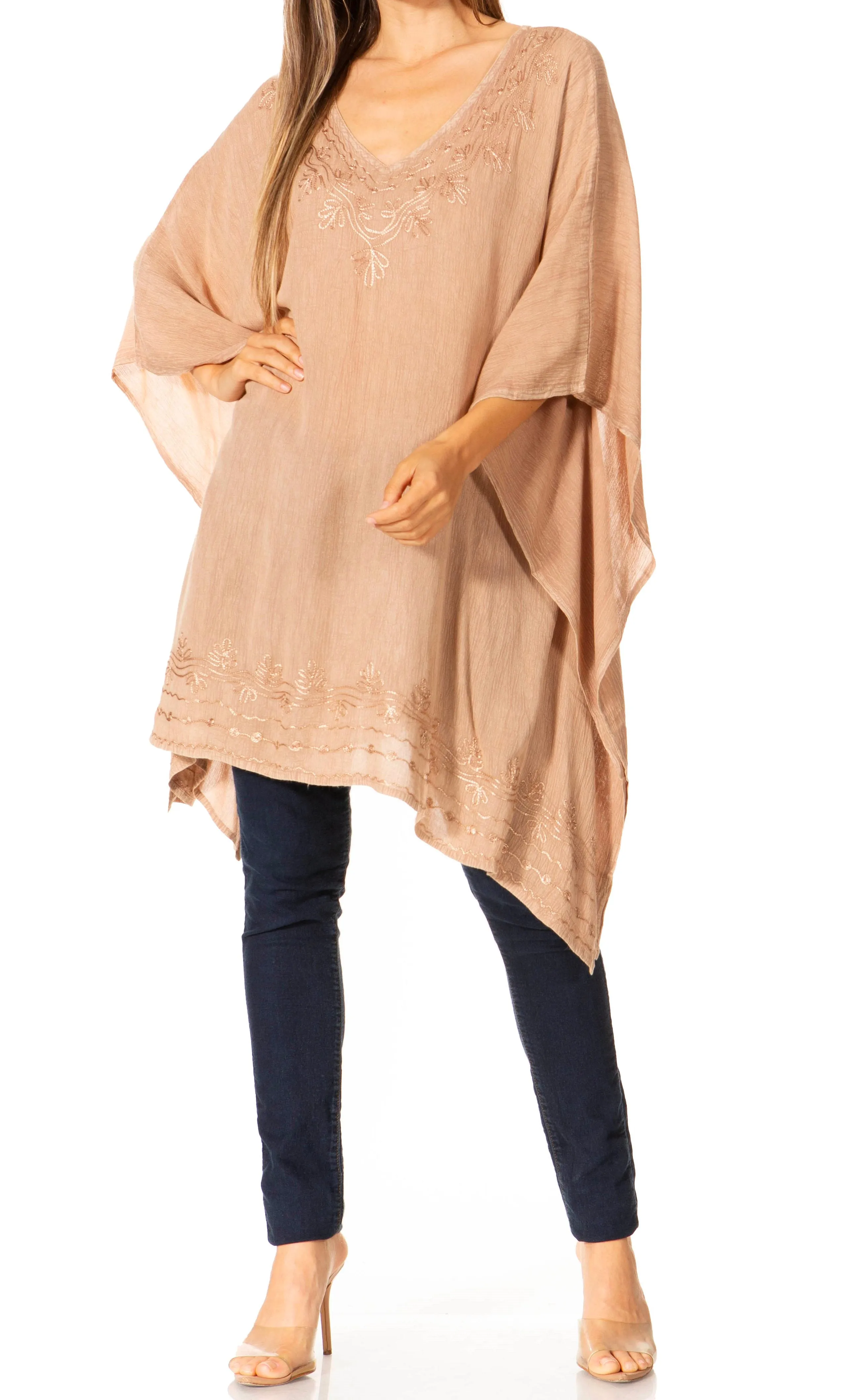 Sakkas Regina Women's Lightweight Stonewashed Poncho Top Blouse Caftan Cover up