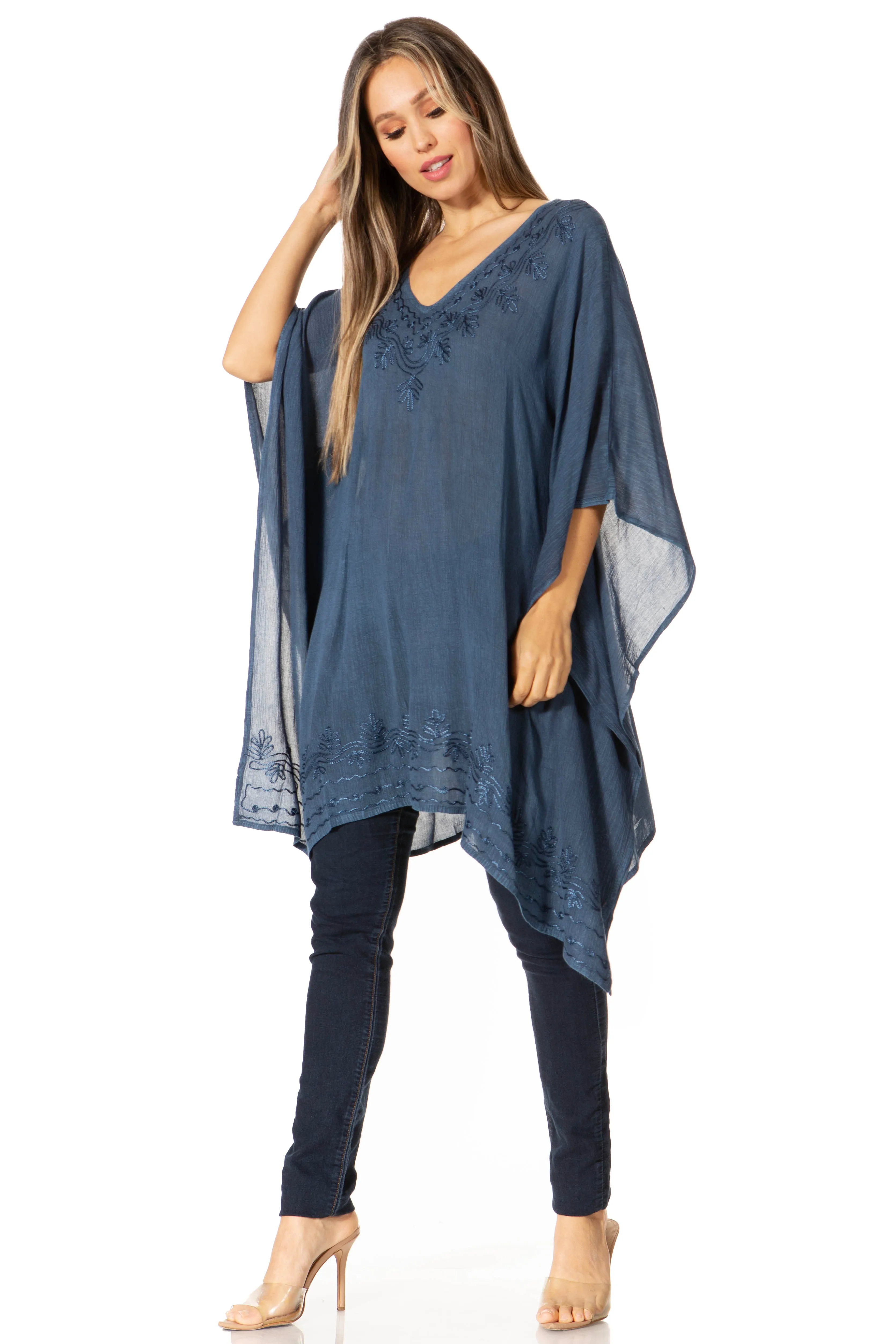 Sakkas Regina Women's Lightweight Stonewashed Poncho Top Blouse Caftan Cover up