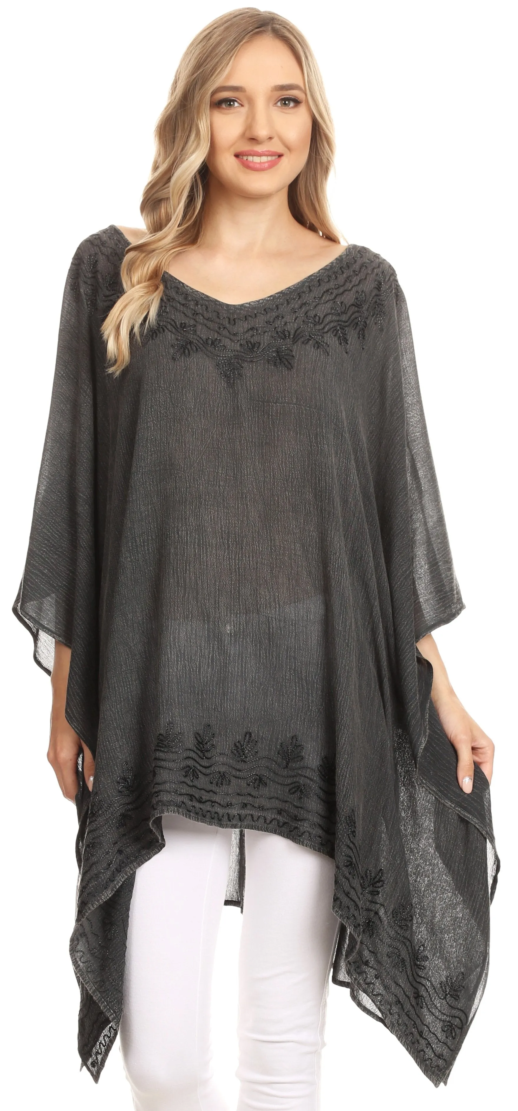 Sakkas Regina Women's Lightweight Stonewashed Poncho Top Blouse Caftan Cover up