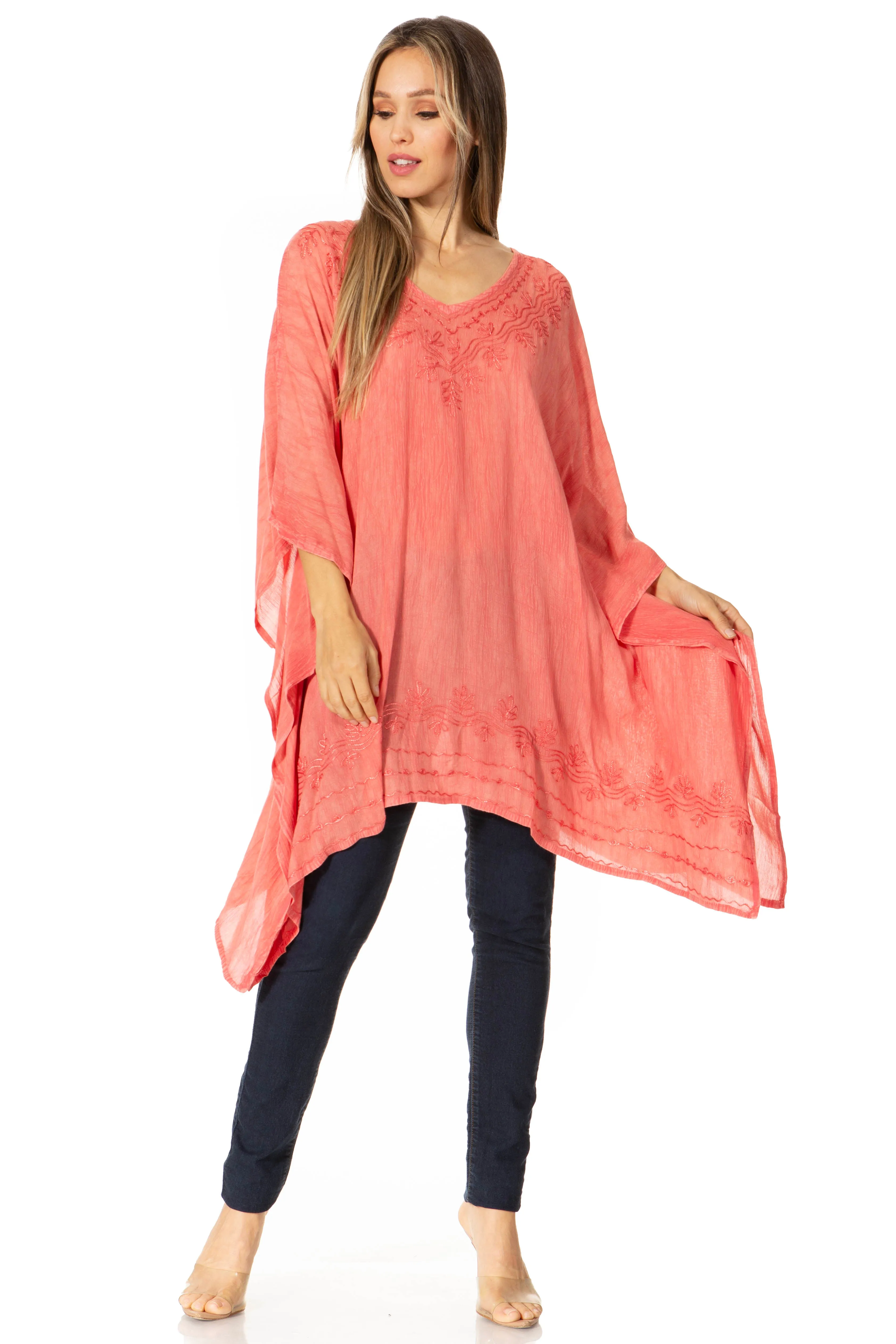 Sakkas Regina Women's Lightweight Stonewashed Poncho Top Blouse Caftan Cover up