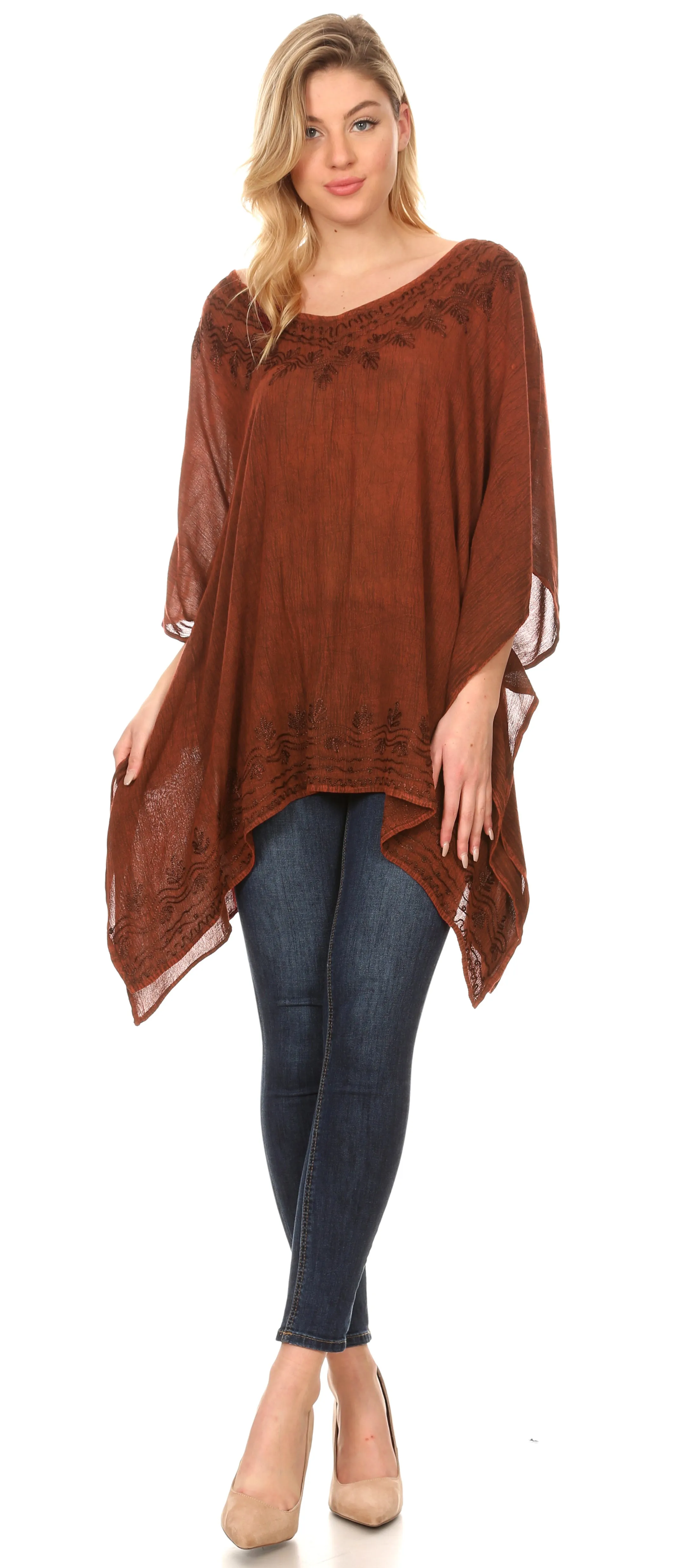 Sakkas Regina Women's Lightweight Stonewashed Poncho Top Blouse Caftan Cover up