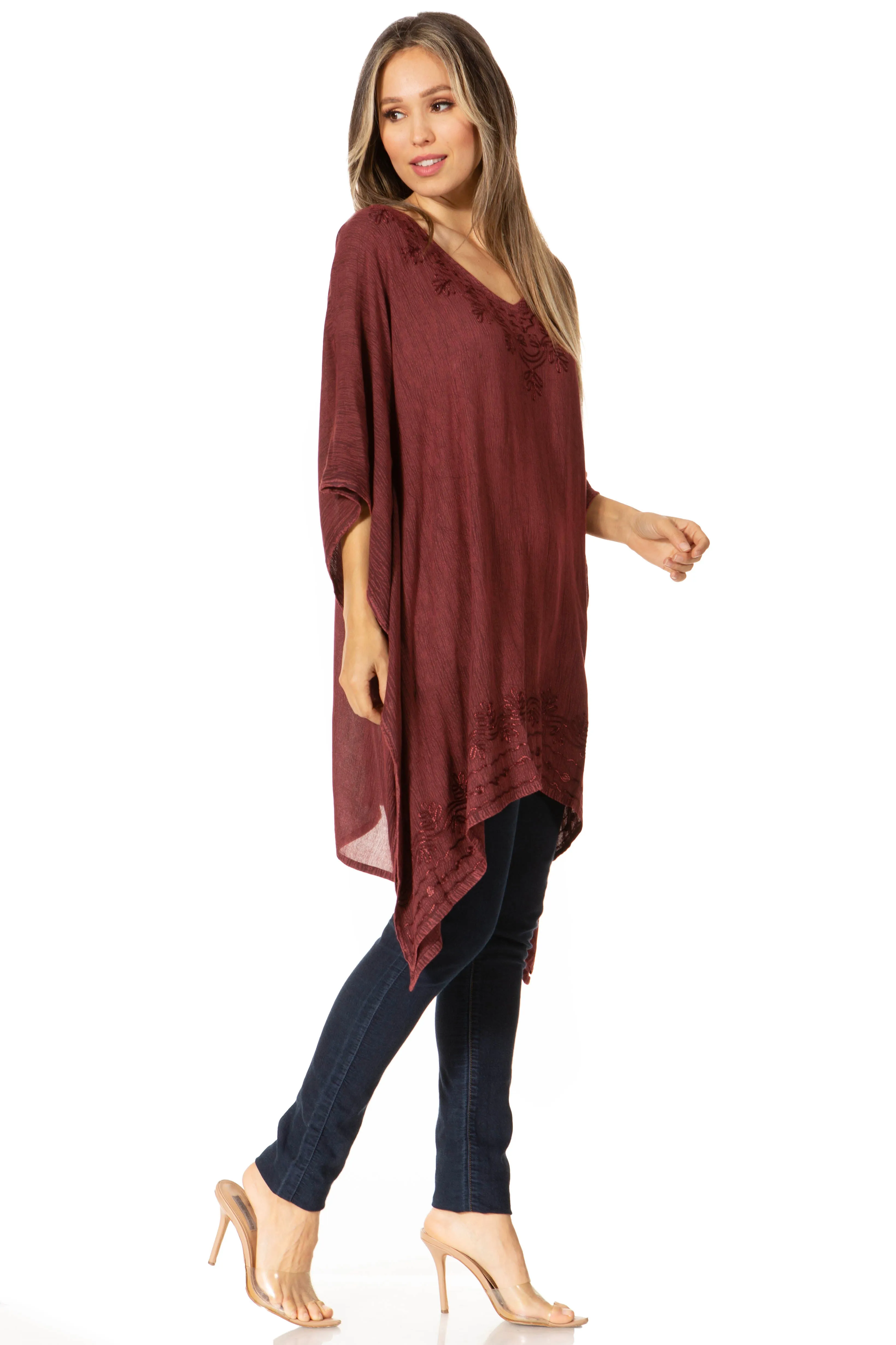 Sakkas Regina Women's Lightweight Stonewashed Poncho Top Blouse Caftan Cover up