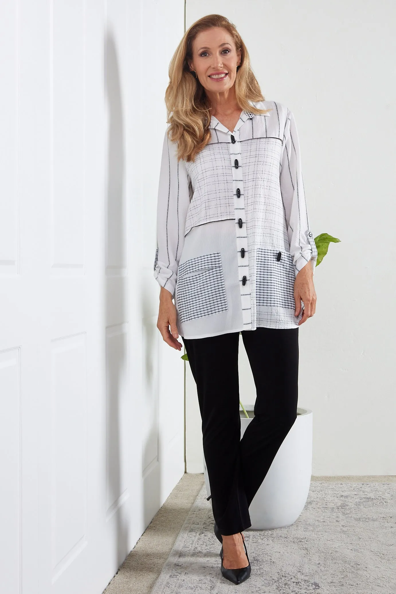 Sarah Splice Shirt - White/Cross Hatch