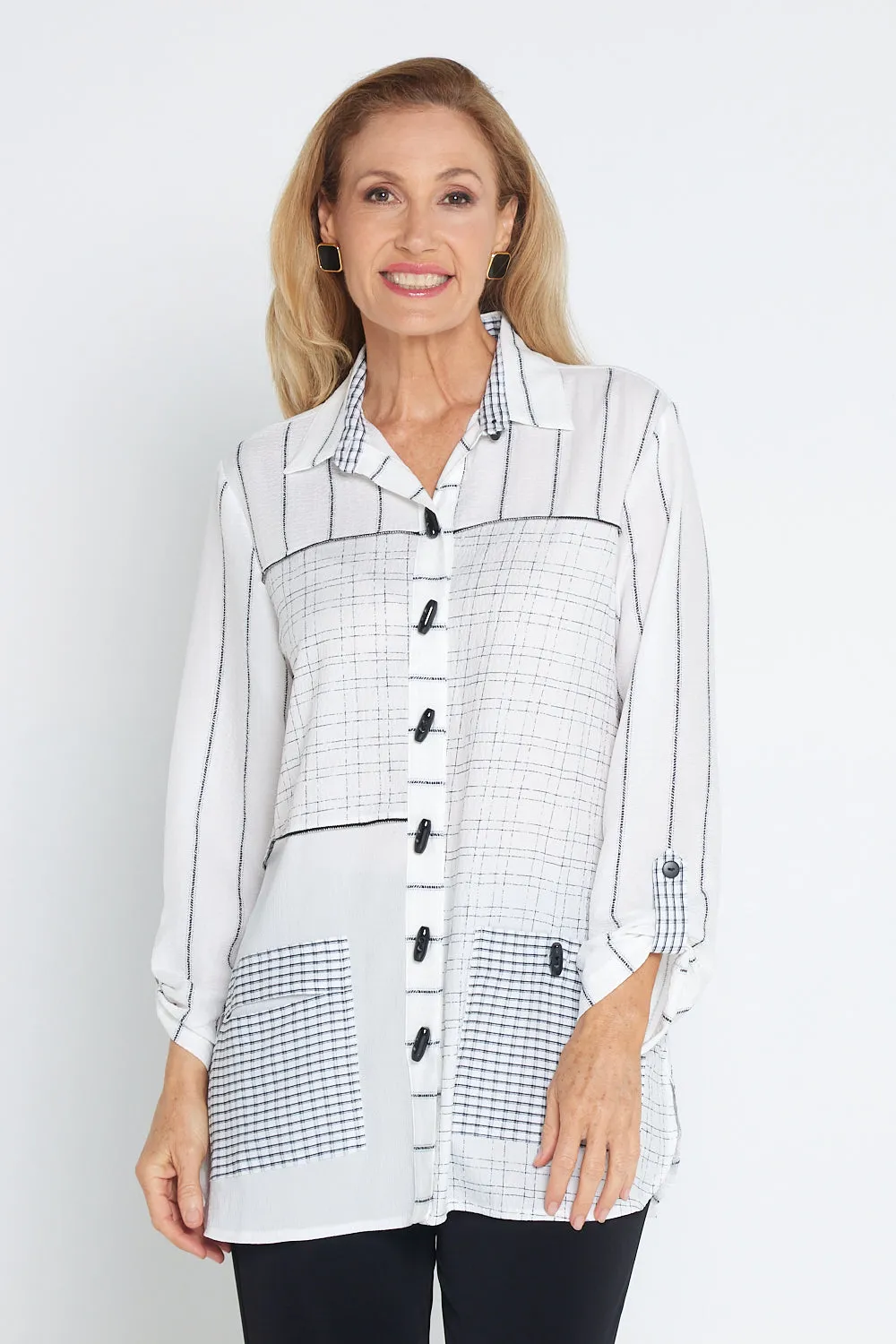 Sarah Splice Shirt - White/Cross Hatch