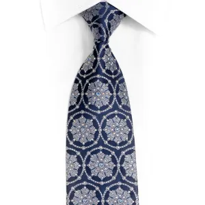 Silver Medallions On Navy Blue Rhinestone Silk Necktie