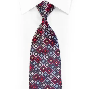 Silver Red Blue Geometric On Navy Rhinestone Silk Necktie