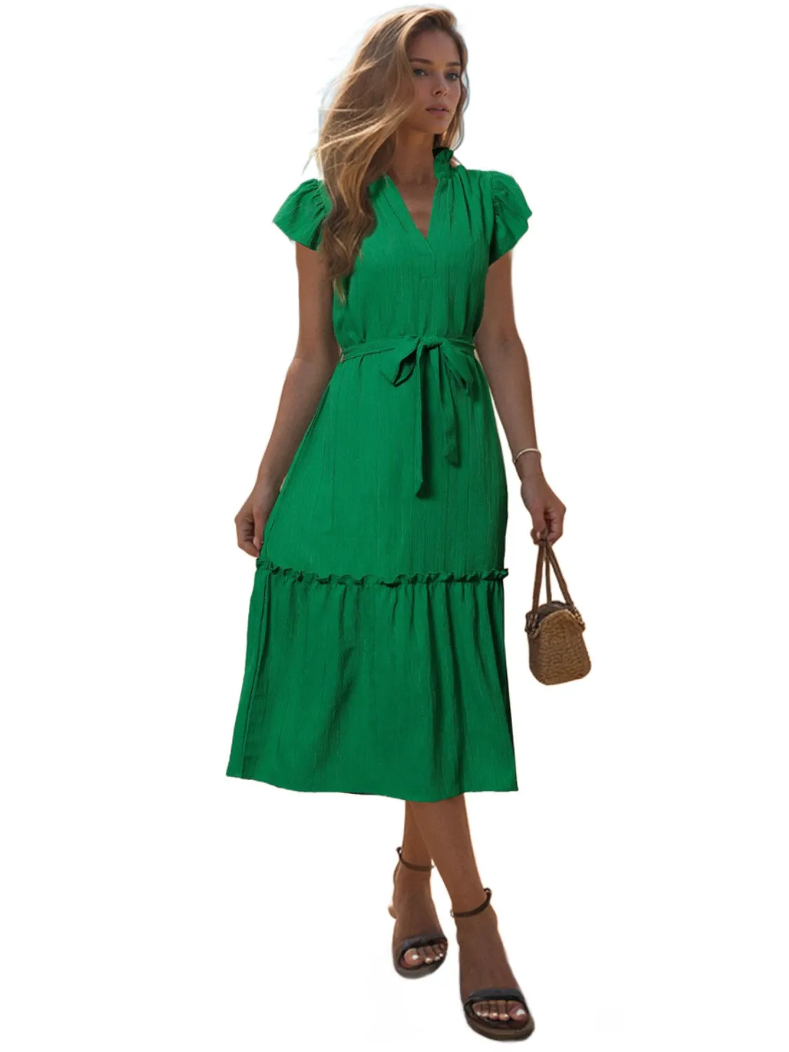 TEEK - Mid-Green Tied Notched Cap Sleeve Dress