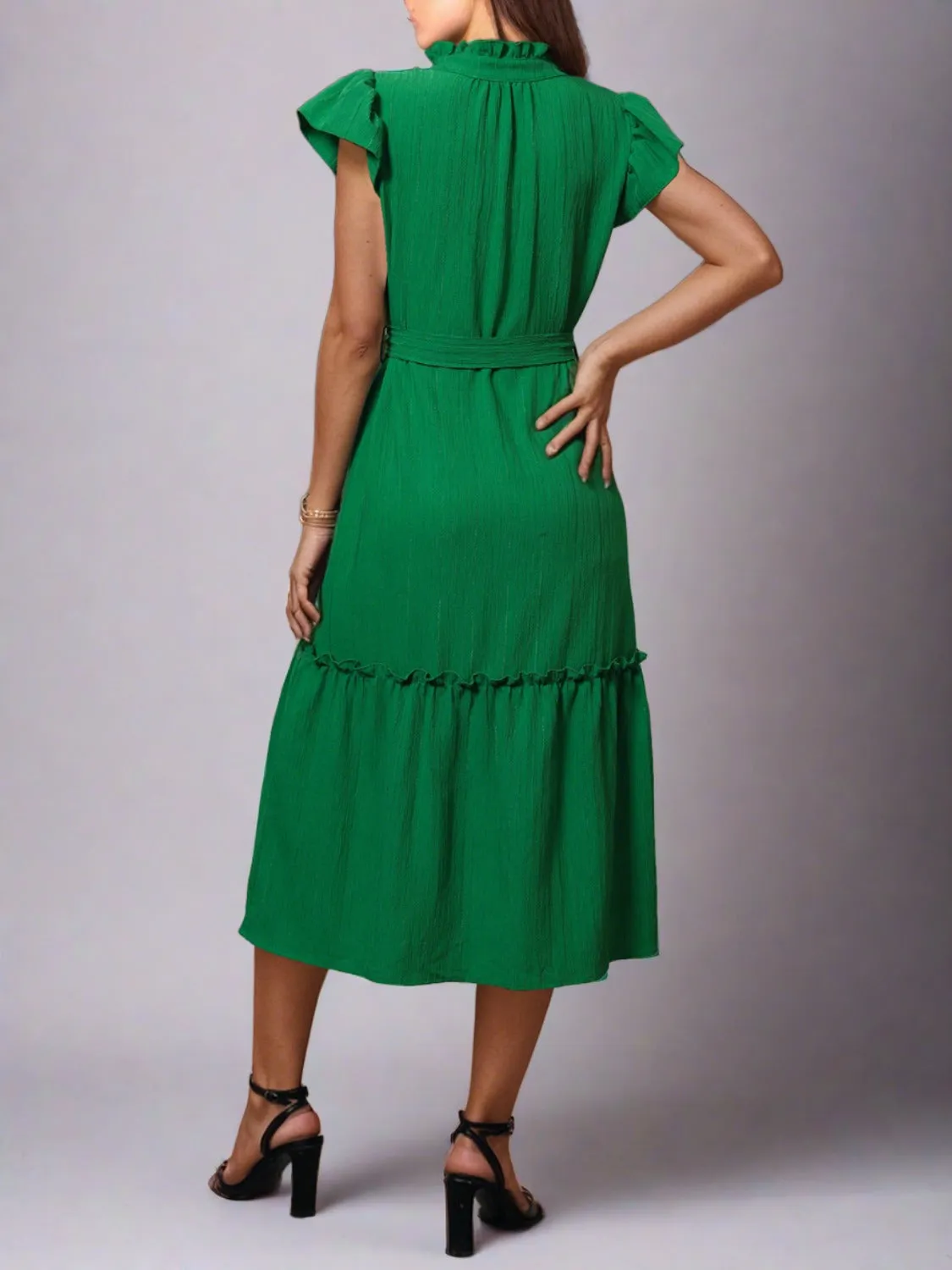 TEEK - Mid-Green Tied Notched Cap Sleeve Dress