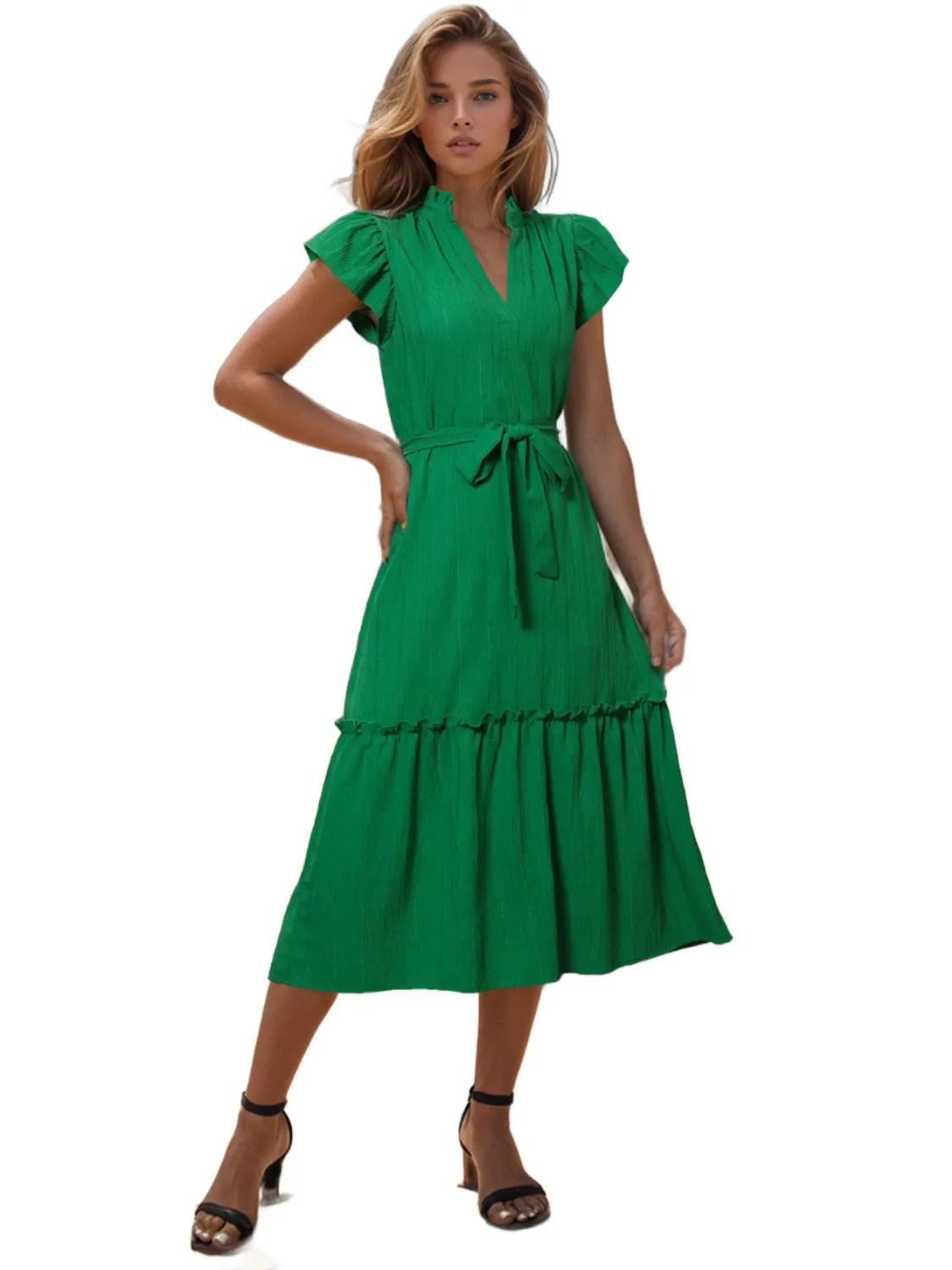 TEEK - Mid-Green Tied Notched Cap Sleeve Dress