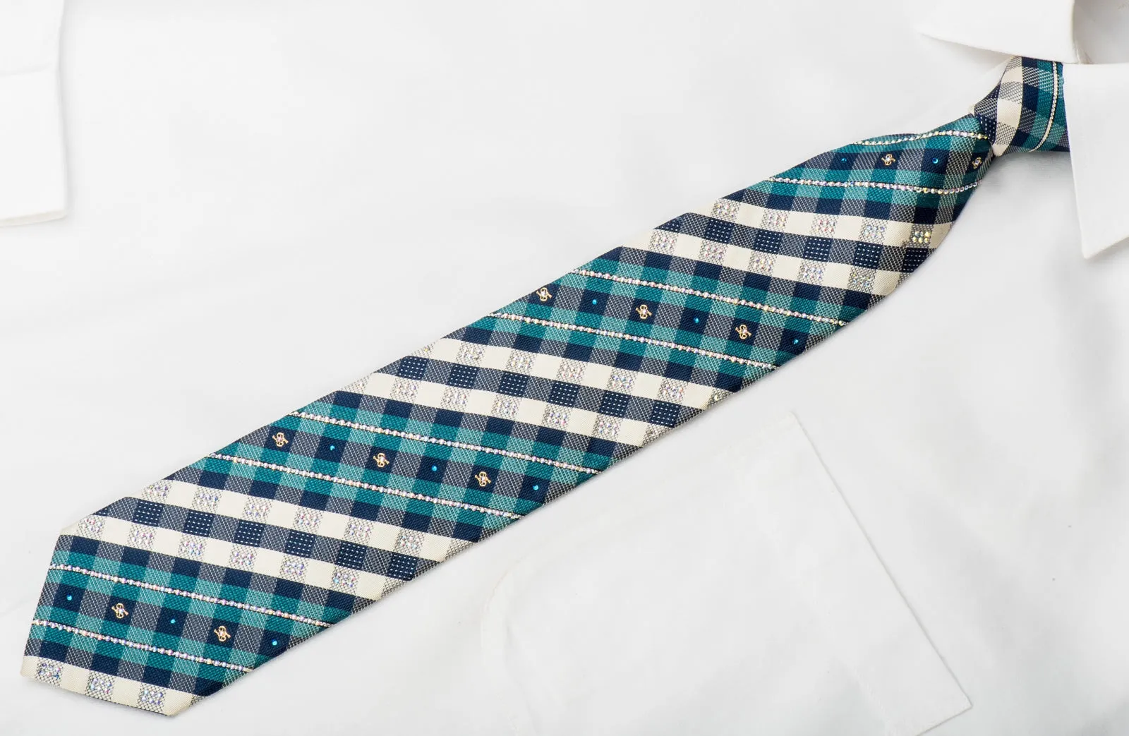 Turquoise Blue Silver Plaid With Sparkles Rhinestone Tie With Sparkles