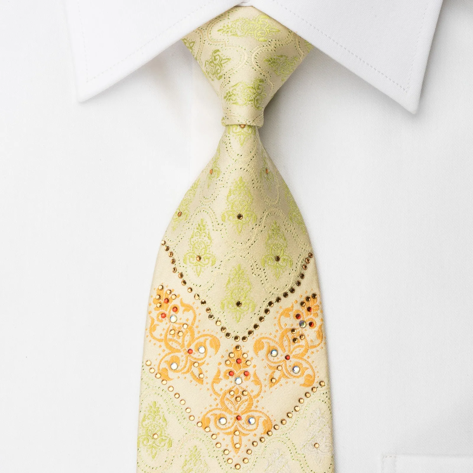 Vito Rufolo Rhinestone Necktie Damask On Peach With Green Sparkles