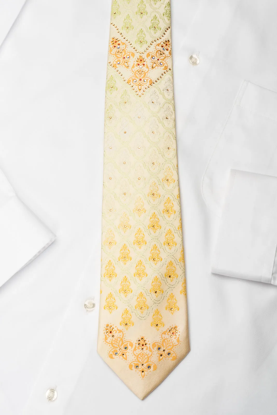 Vito Rufolo Rhinestone Necktie Damask On Peach With Green Sparkles