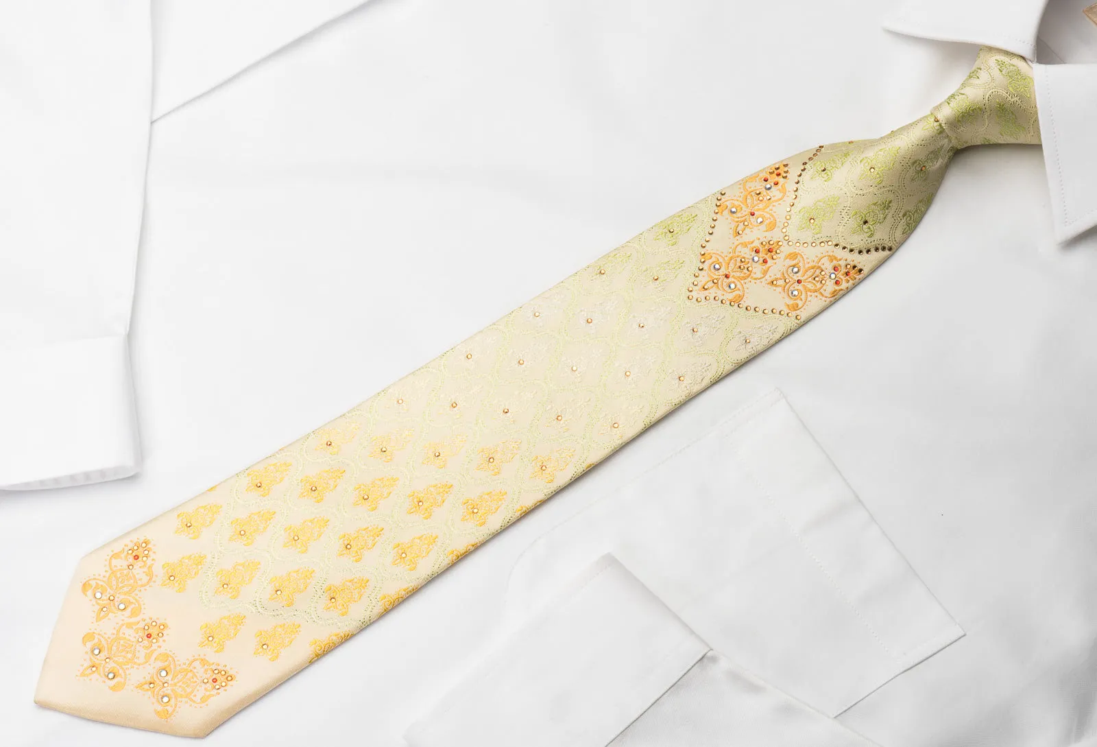 Vito Rufolo Rhinestone Necktie Damask On Peach With Green Sparkles