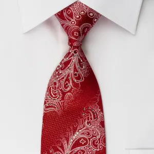 Vito Rufolo Rhinestone Silk Necktie Silver Floral Paisley On Red With Golden Sparkles