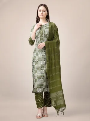 Womens Embroidered & Printed Mehendi Rayon Kurta Pant Set