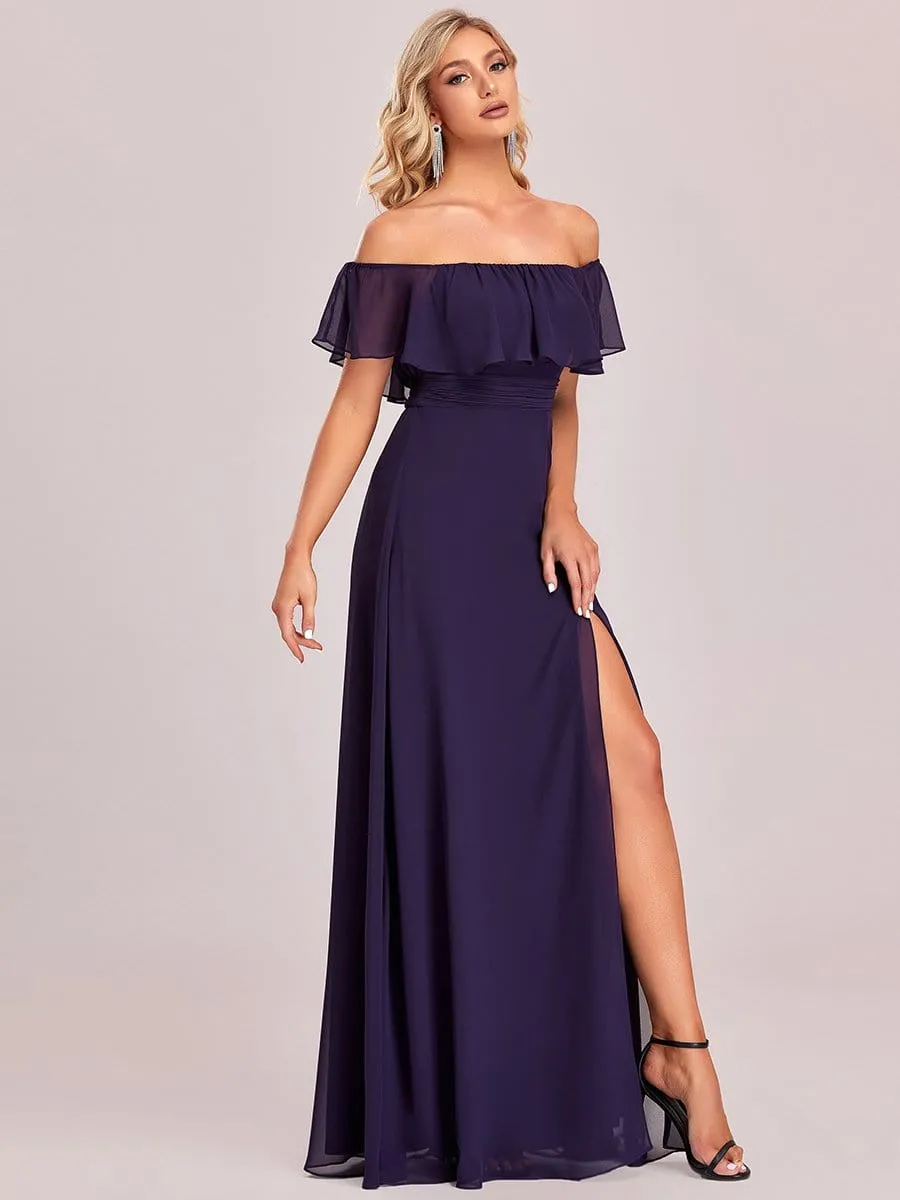 Women's Off Shoulder Ruffle Thigh Split Bridesmaid Dresses