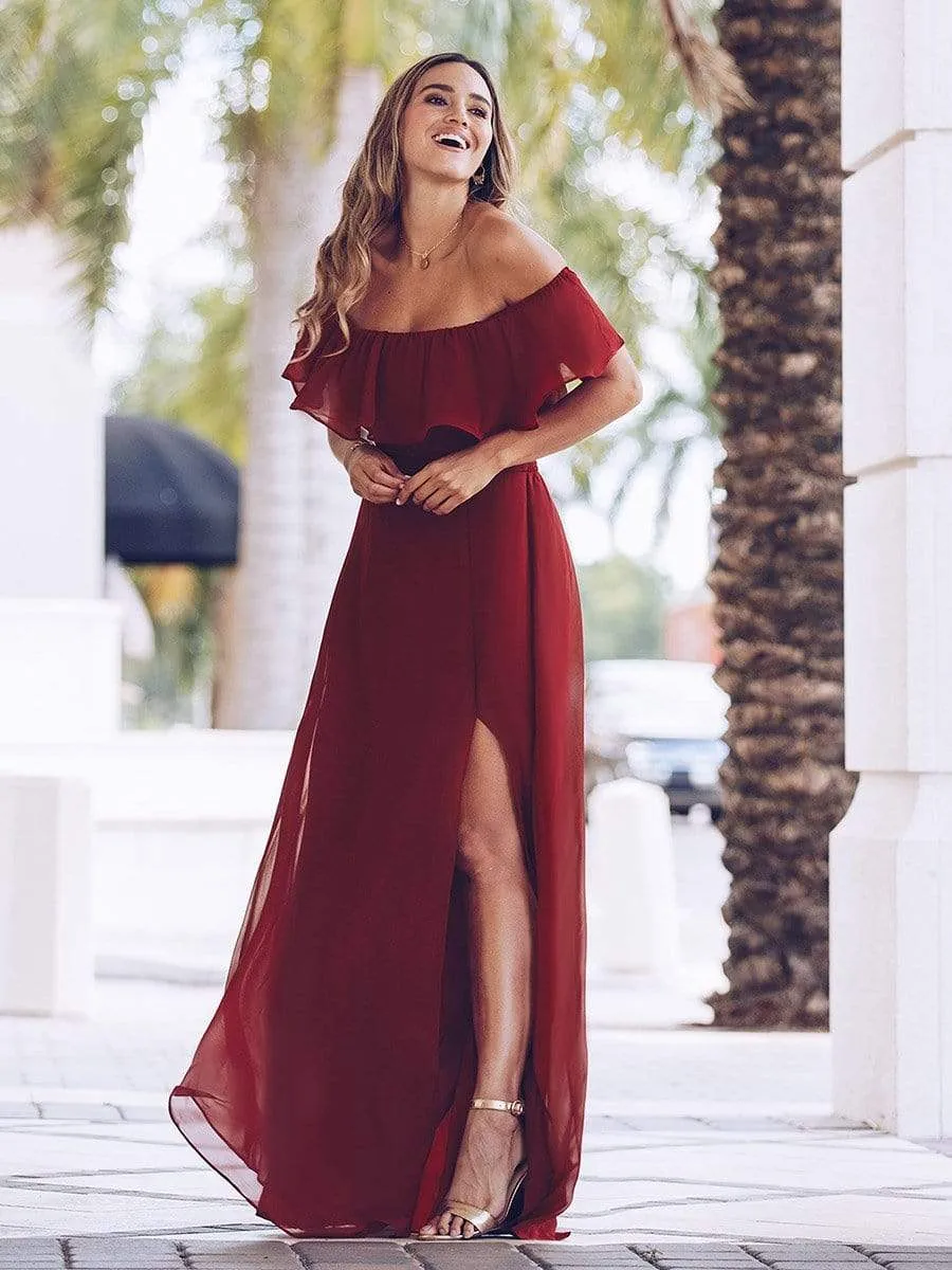 Women's Off Shoulder Ruffle Thigh Split Bridesmaid Dresses