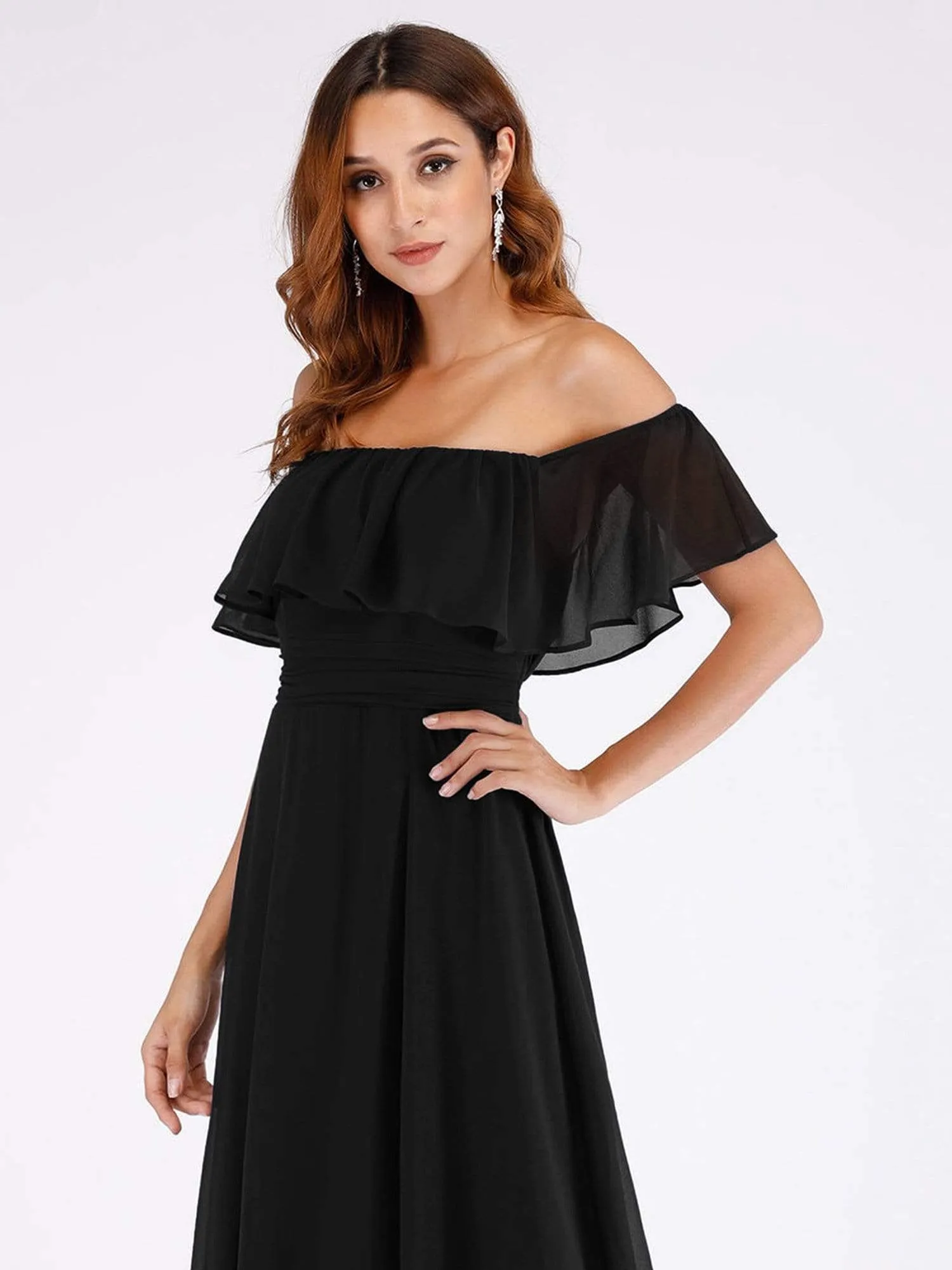 Women's Off Shoulder Ruffle Thigh Split Bridesmaid Dresses