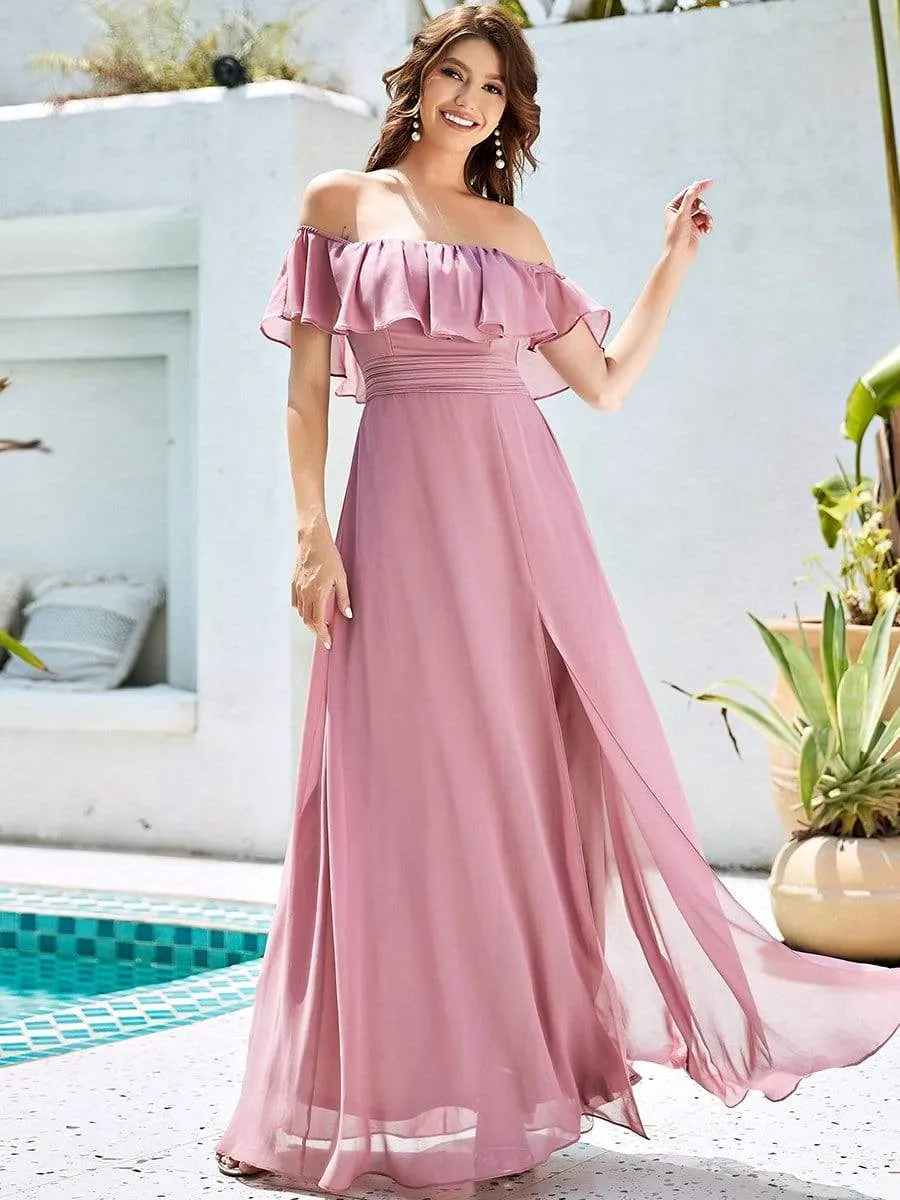 Women's Off Shoulder Ruffle Thigh Split Bridesmaid Dresses