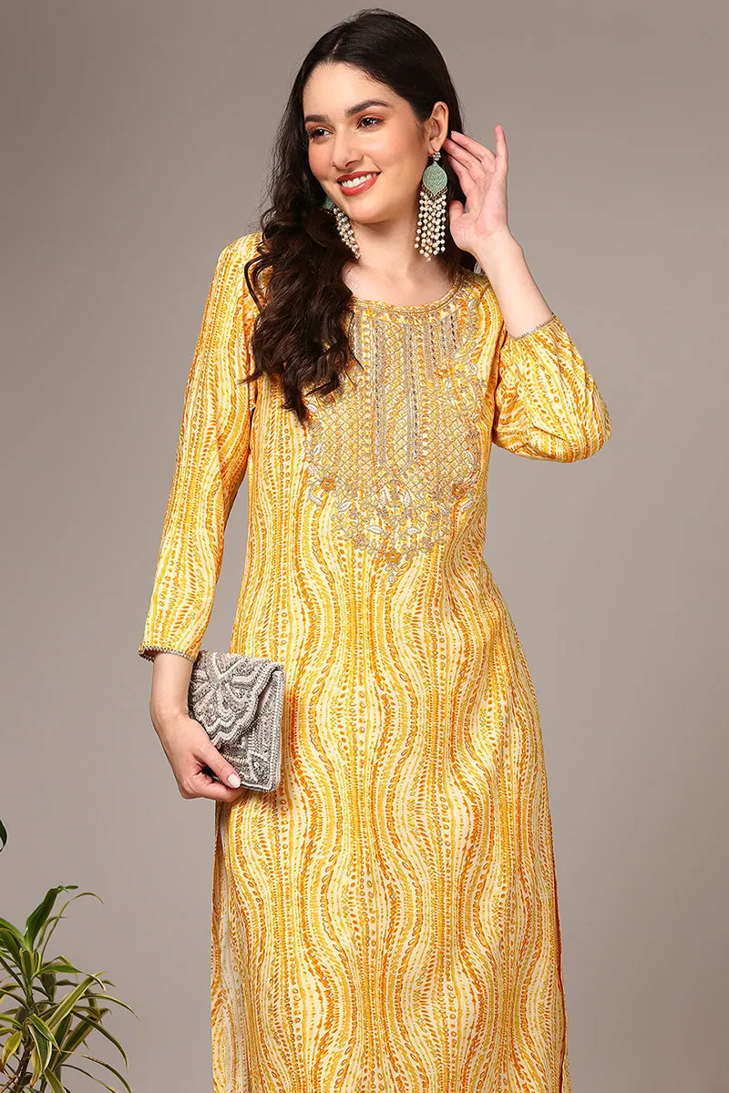 Yellow Viscose Rayon Abstract Printed Kurta