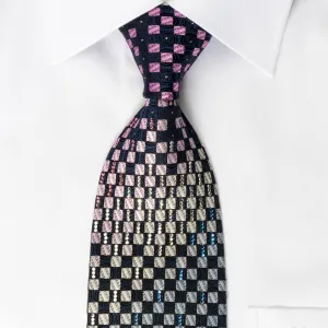 Yezak Silk Rhinestone Necktie Pink Silver Checker On Blue With Sparkles